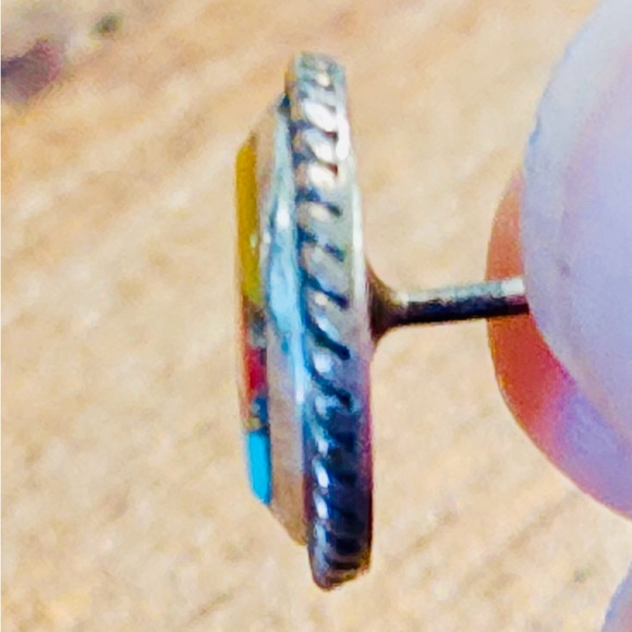 VINTAGE ZUNI Native American Sterling Silver Sun Multi Stone Inlay Earring Studs - Picture 3 of 7